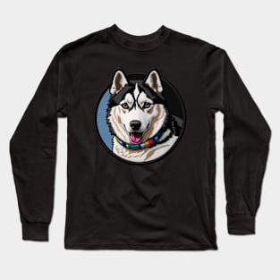 Rainbow Collar Husky Embroidered Patch Long Sleeve T-Shirt
